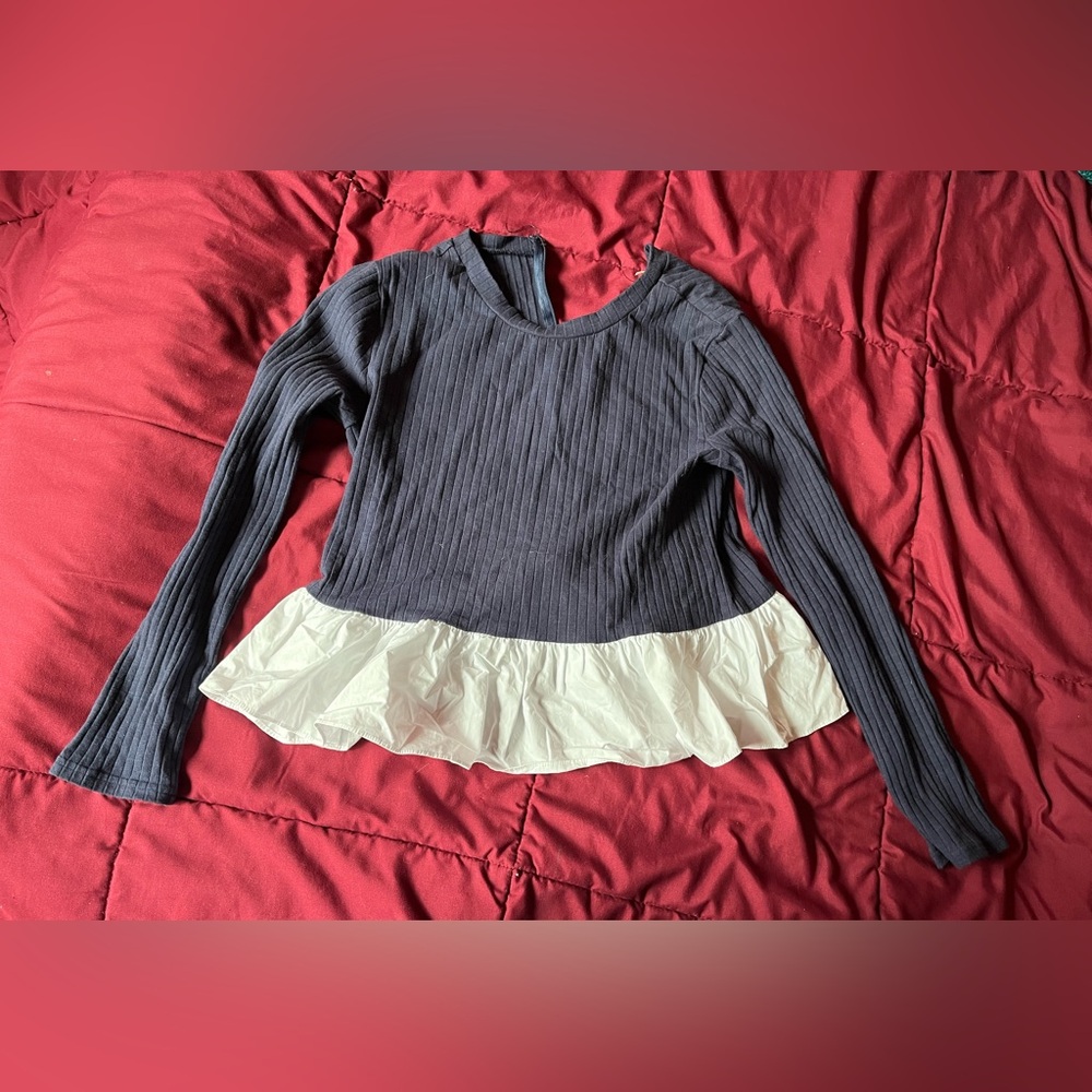 Navy and White Cropped Long Sleeve Top